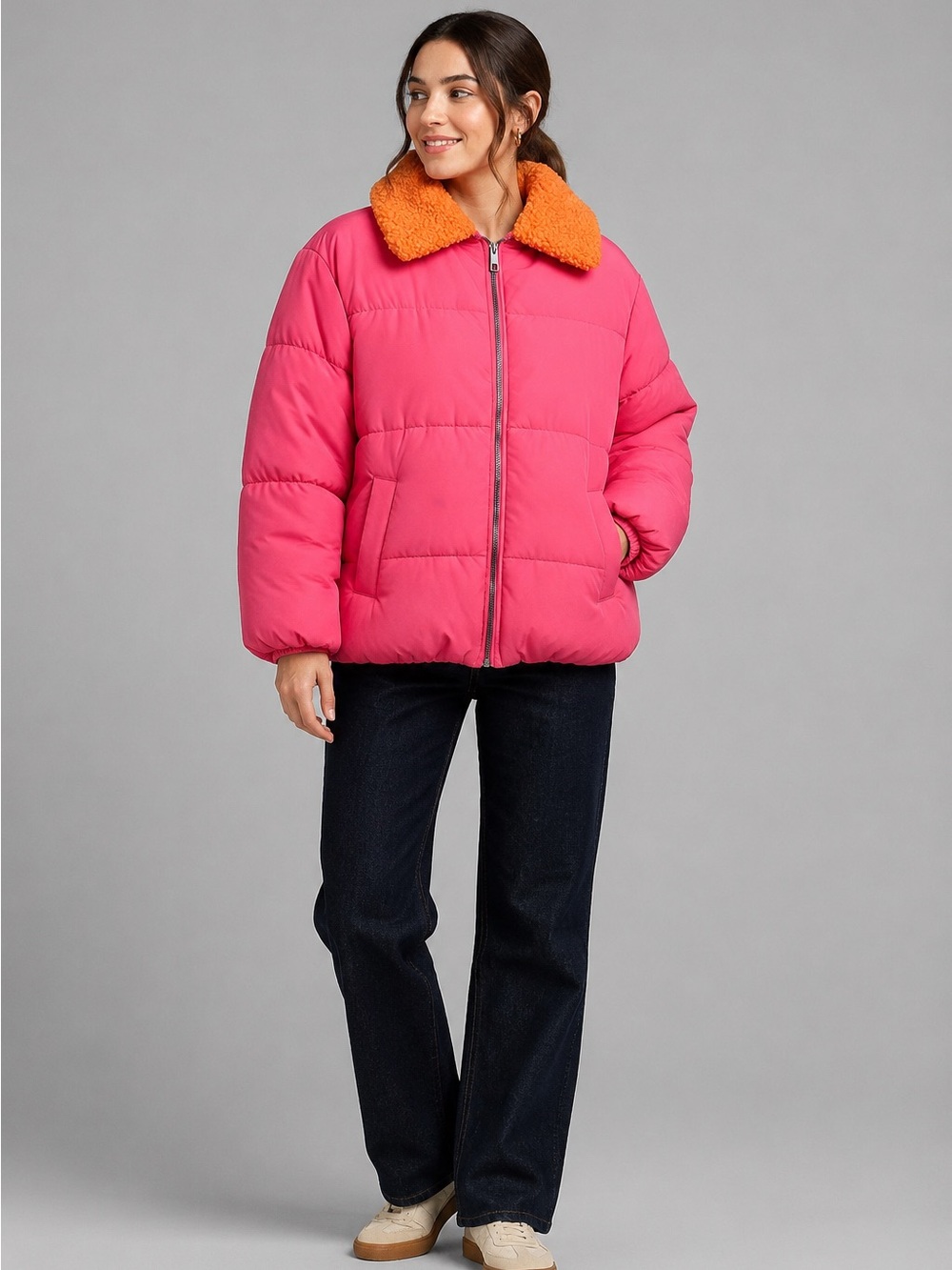 Urban Outfitters Duckie Puffer Jacket Women’s M Pink Orange Sherpa Collar
